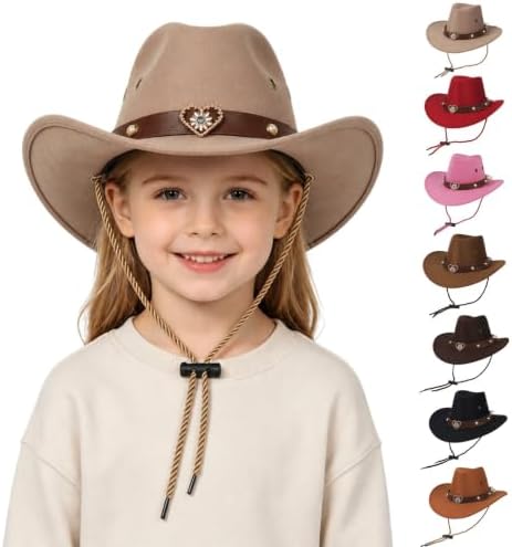 Western Cowboy Hat for Kids with Heart Shaped Buckle Blet Classic Western Hat for Boys Girls for Costume, Party，A3-Brown — view 4