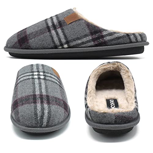 Coface Mens Grey Flano Plaid Cozy Memory Foam Scuff Slippers Slip On Warm House Shoes Indoor/Outdoor With Best Arch Surpport Size 9 #TOP4