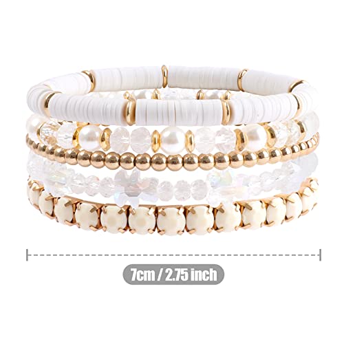 Makersland White Bracelets, Clay Beaded Crystal White Bracelet Set, 5Pcs Strand Stretch White Bracelet Jewelry For Women #TOP7