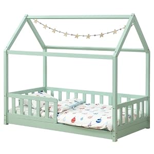 Juskys letto per bambini Marli da 80×160 cm con protezione anticaduta, rete a doghe e tetto – Letto a casetta in legno massiccio per bambini – Letto in verde menta