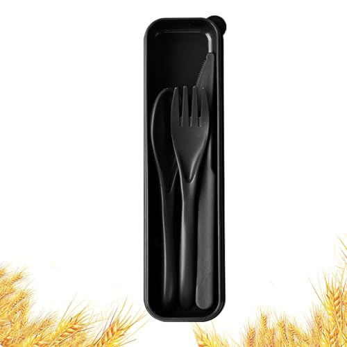 HMDZMR Travel Utensils with Case, Camping Utensil Sets, Wheat Straw Portable Knife Fork Spoons Tableware, Reusable Utensils for Lunch Box (Black)