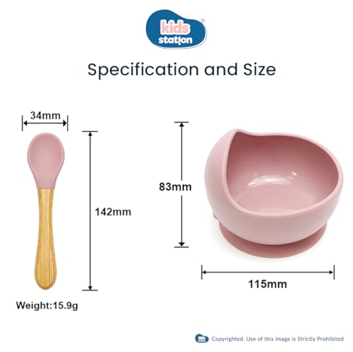 Image of Kids Station 2 Piece BPA-Free Silicone Baby Feeding Set - Bowl - Spoon - Happy Mealtime - Tableware Meal Utensils for Kids with Suction - Baby Feeding Product (Set of 2, Light Pink)