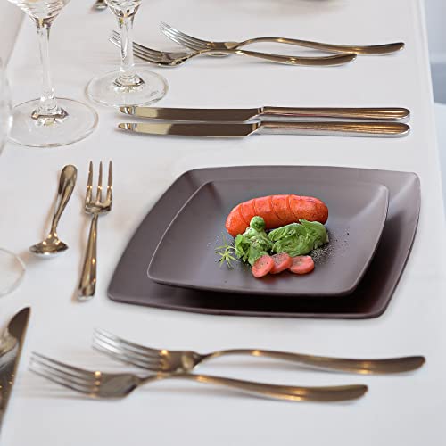 Melamine 12Pcs Classic Square Dinnerware Set, Concise Plates And Bowls Set, Service For 4, Dishwasher Safe (Dark Brown) #TOP3