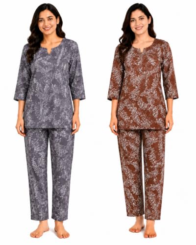 Image of Vlazom Women's Pure Cotton Printed Night Suit Pack of 2 | Soft Breathable Cotton Top & Pajama Set | Half Sleeve Sleepwear & Loungewear | Comfortable Nightwear for Women | Regular Fit