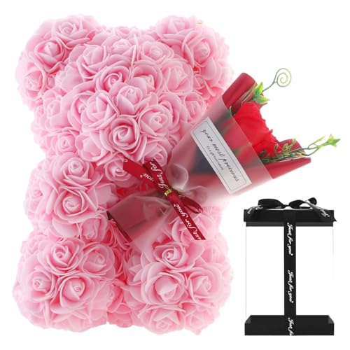 Oso De Rosas - Oso De Flores Artificiales | Oso De Rosas Con Caja | Oso De Peluche De Rosas | Regalos Para Mujer | Regalos Para Cumpleaños/San Valentín/Bodas/Día La Madre/Aniversarios, (24x16 CM)