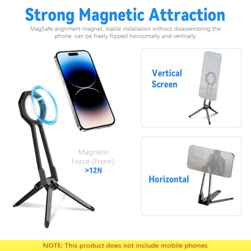 Image of ZORBES Magnetic Phone Tripod Stand for iPhone, 360 Degree Adjustable Aluminium Maglock Smartphone SelfieTripod Pocket Cell Phone Stand Magnet Quick Mount Compatible with iPhone 16 15 14 13 12