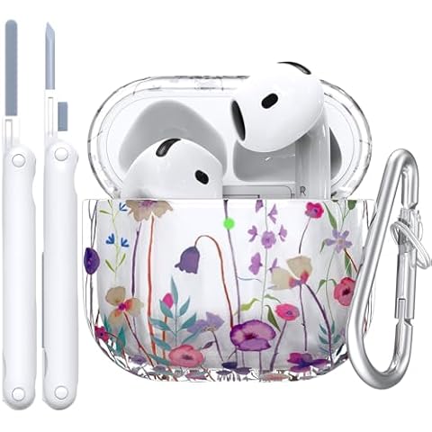 Case Cover Compatible with AirPods 4th Generation 2024, Wireless Charging, Shockproof, Soft TPU Transparent Reduced Yellowing for AirPods 4 Cases with Cleaning Kit & Carabiner (Purple Flowers) Cover