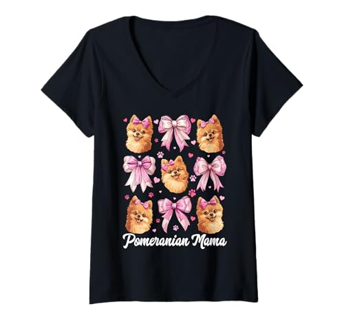 Womens Pomeranian Mama Dog Mom Mother's Day Coquette Bow Pink V-Neck T-Shirt