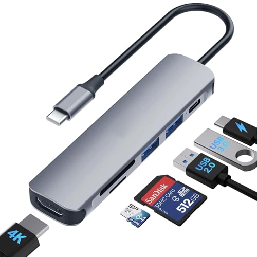Hub USB C, adaptador multipuerto USB C con 4K HDMI, 100 W PD, lector de tarjetas SD/TF, puerto de datos USB 3.0, concentrador USB tipo C 6 en 1 para MacBook Air/Pro, Galaxy, iPad, Surface Book,