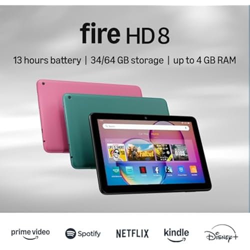 Amazon Fire HD 8 tablet (newest model), 8” HD Display, 4GB memory, 64GB, responsive and vibrant, designed for portable entertainment, Black, without lockscreen ads
