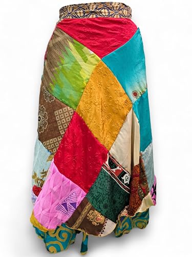 Mango Gifts Old Silk Sari Vintage Patchwork Wraparound Magic Skirt Bohemian Gypsy Fashion Beach Dress Multicolour Hippy Boho Fashion Wear Pair 2 Pieces3
