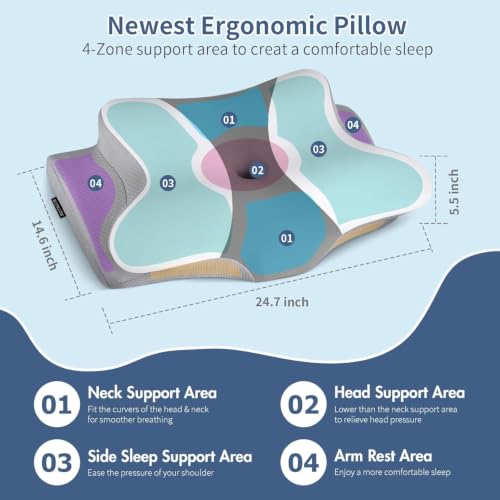 Image of Cervical Neck Pillow for Pain Relief - Ergonomic Side Sleeper Pillow for Neck Support, Contour Orthopedic Cervical Pillow for Sleeping, Cooling Memory Foam Pillows (Greyish Blue)