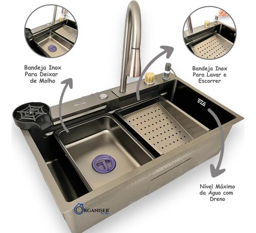 Cuba Cozinha Gourmet Pia Inox 75x46 Torneira Agua Quente Fria Cascata Dispenser Sabão Bandejas Lavad