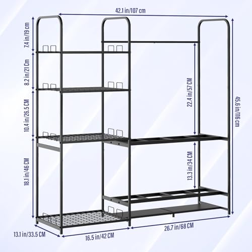 Ski Rack for Garage Freestanding Ski Storage Rack Metal Ski Holders with Storage Shelf Heavy Duty Floor Stand Ski Organizer for Snowboard Ski Poles Ski Boot Goggles Helmet