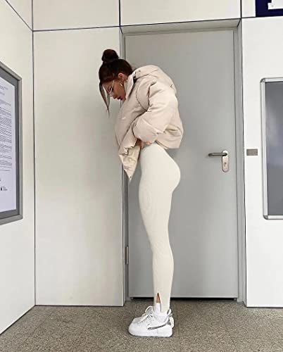 Oqq Women's 2 Piece Workout Tummy Control Ribbed Gym Exercise Yoga Pants, Black Beige, Small #TOP2