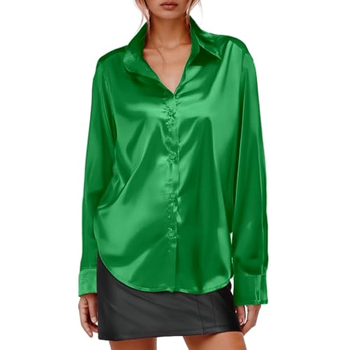 Generisch Blusa de lino para mujer Camisa de lino para mujer Camisetas monocromáticas de manga larga Camisa y botones para mujer Camisa blanca y verde, verde, M