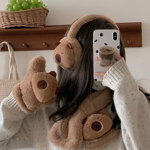 Cute capybara plush scarf, winter thickened plush scarf, Capybara Gloves,Cute ear warmer，3-in-1 Cap Gloves Scarf Set2