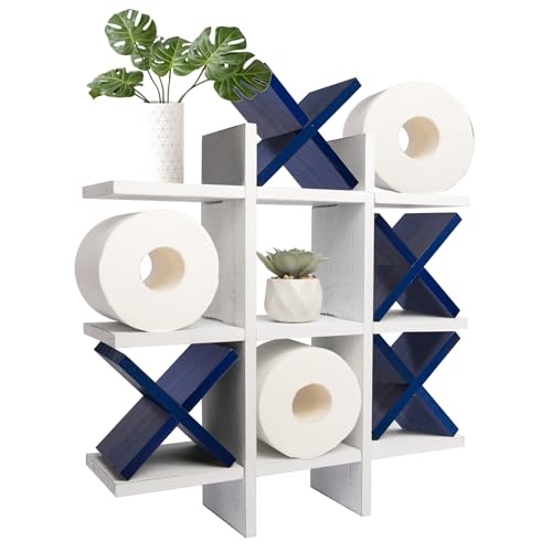 GENMOUS Handmade Tic Tac Toe Toilet Paper Holder Stand with 4pcs Wooden X Funny Wall Mounted Toilet Papers Storage with Shelf Farmhouse Toilet Paper Roll Storage for Guest Bathroom