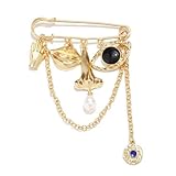 Gold Safety Pin Brooch with Charms, Vintage Gothic Punk Style Lapel Pin with Pearl & Crystal Accents, Fashion Accessory for Hats, Jackets, Bags
