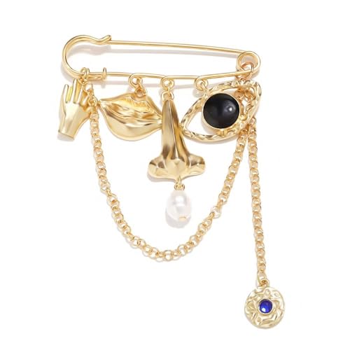 Gold Safety Pin Brooch with Charms, Vintage Gothic Punk Style Lapel Pin with Pearl & Crystal Accents, Fashion Accessory for Hats, Jackets, Bags