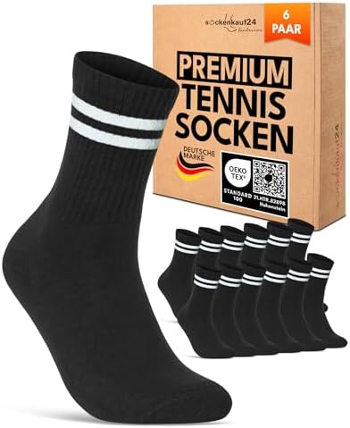 sockenkauf24 Damen Tennissocken (6 Paar) Sportsocken mit verstärkter Ferse & Fußspitze, gepolsterte Sohle Baumwolle Atmungsaktive Retro Crew Socken