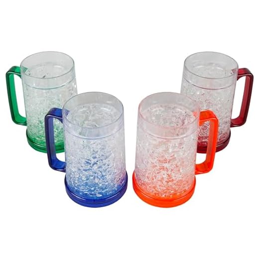 Lily's Home Double Wall Gel-Filled Acrylic Freezer Stein Mugs, Great as Old Fashion Drinking Glasses at BBQs and Parties, Clear with Assorted Color Accents (16 oz. Each, Set of 4)