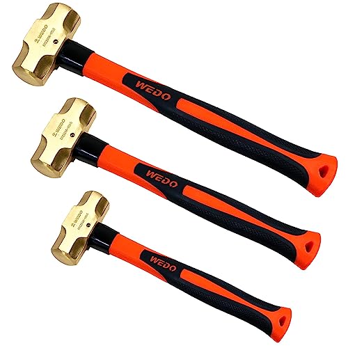 WEDO 3PCS Brass Sledge Hammer Set,2lb+3lb+4lb,Fiberglass Handle,Die-Forged,Corrosion Resistant, DIN Standard