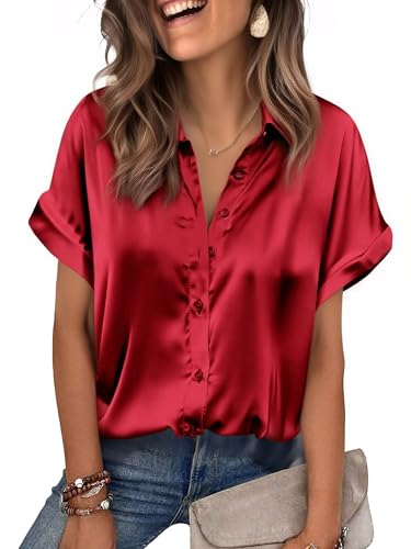Zeagoo Tops for Women Trendy Red Silky Shirt Satin Blouse Red