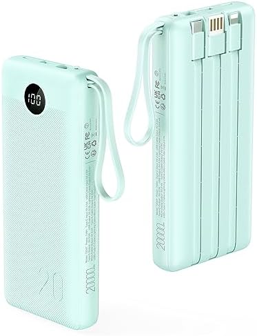 VRURC Portable Charger 20000mAh, Built-in Cables Fast Charging Power Bank, PD QC 3.0 Travel Essentials Battery Pack, 4 Output & 2 Input Phone Charger for iPhone16 15 14 13 X, Samsung, Android-Green