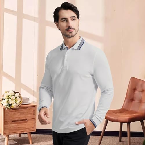 Men's Pique Polo Shirts Long Sleeve Cotton Blend Tipped Casual Collared Polo Shirts Business Classic Fit2