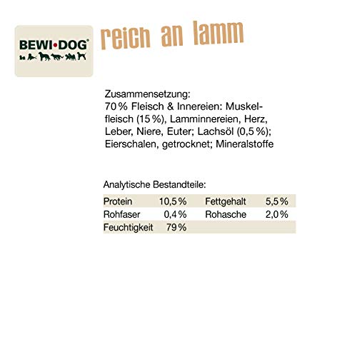 BEWI DOG Fleischkost reich an Lamm [800 g] Dose | Nassfutter für Hunde | getreidefrei | sortenrein | Muskelfleisch & Innereien mit fester Fleischstruktur | 6 x 800 g