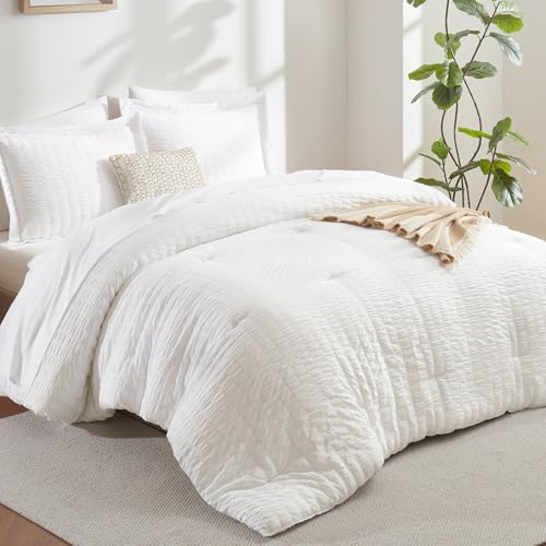 CozyLux King Comforter Set with Sheets White Seersucker Bed in a Bag 7-Pieces All Season Bedding Sets with Comforter, Pillow Sham, Flat Sheet, Fitted Sheet, Pillowcase