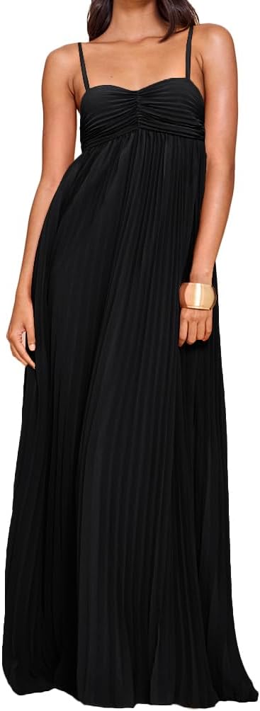 Women's Plisse Dress Adjustable Spaghetti Strap Maxi Solid Party Wedding Guest Dresses