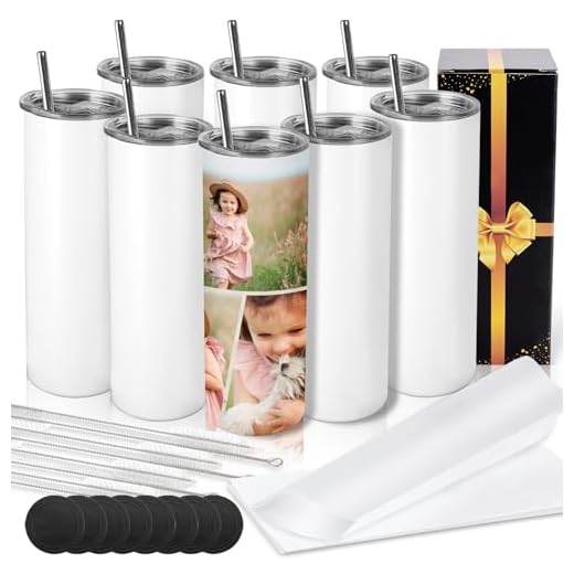 D·S 8 Pack Sublimation Tumblers 20 oz Skinny Stainless Steel Insulated Straight Sublimation Tumbler Blank with Straw, Lid, Brush and Shrink Wrap