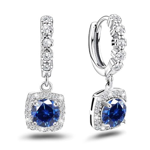 Dangle Hoop Earrings Sterling Silver Huggie Earrings with Princess Cut Blue Square Halo CZ Charm Dangling Drop Cartilage Cuff Earring Hypoallergenic Jewelry For Women Wife Party Birthday Wedding Gifts