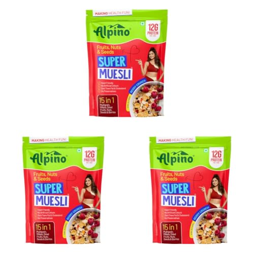Image of Alpino Super Muesli Fruits, Nuts & Seeds 750g -12g Protein per 100g, High Fibre Multigrain Breakfast Cereal | Berry Crunch,Healthy Breakfast & Snack (Pack of 3)