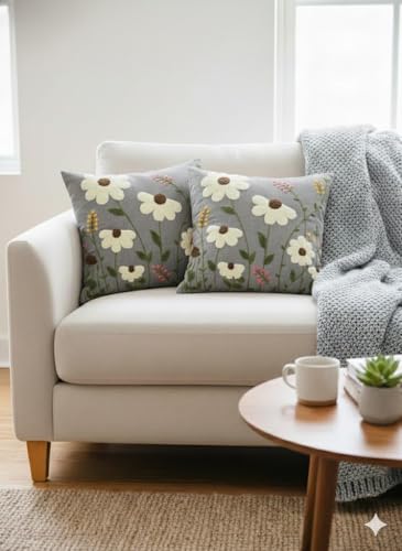 Image of CASA-NEST Linen Embroidery Cushion Cover, Size -16x16 inch, Pack of 2 pc, Decorative Sofa Cushion (Grey, 2)