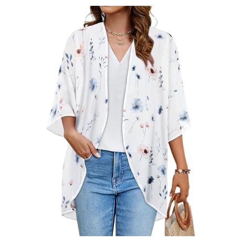 Women's Floral Kimono Print Puff Sleeve Loose Cardigan Cover Up Casual Blouse Tops (White Blue Flower, XL)