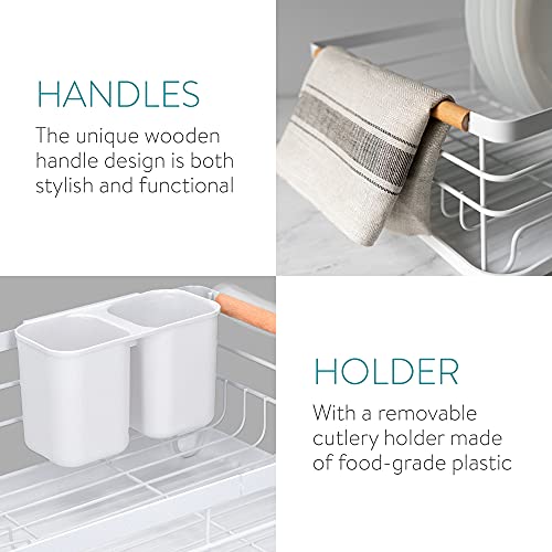 Navaris Dish Drainer Rack - Plate, Silverware, Pots And Pans Drying Rack For Kitchen With Beechwood Handles - Modern Retro Design Drip Tray - White #TOP2