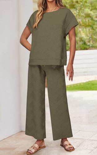 Image of PRETTYGARDEN 2 Piece Outfits For Women Casual Tracksuit Short Sleeve Tops And Wide Leg Long Pants Matching Lounge Sets