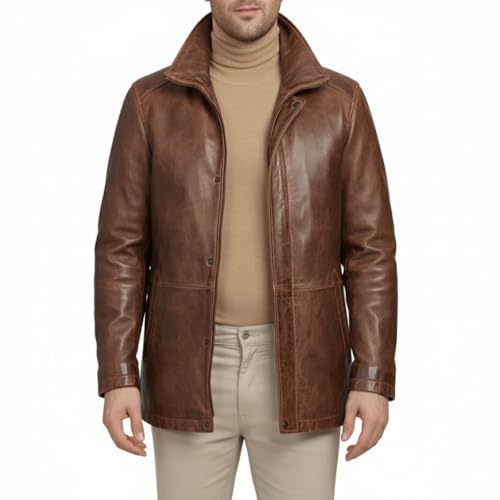 Image of Leather Car Coat For Men 3 /4 Length Mens Leather Jackets - Real Lambskin Long Coat For Men