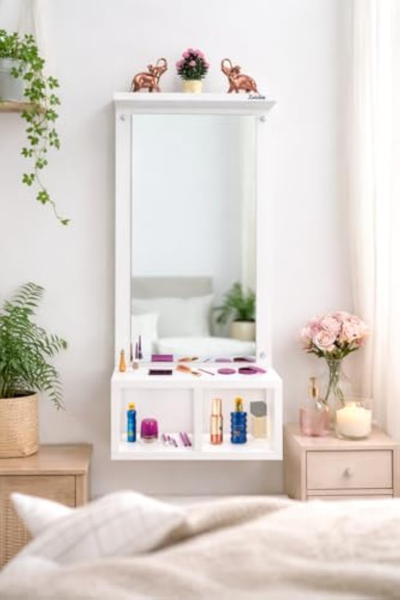 Wall Mounted Dressing Table with Mirror, Floating Vanity Mirror Shelf