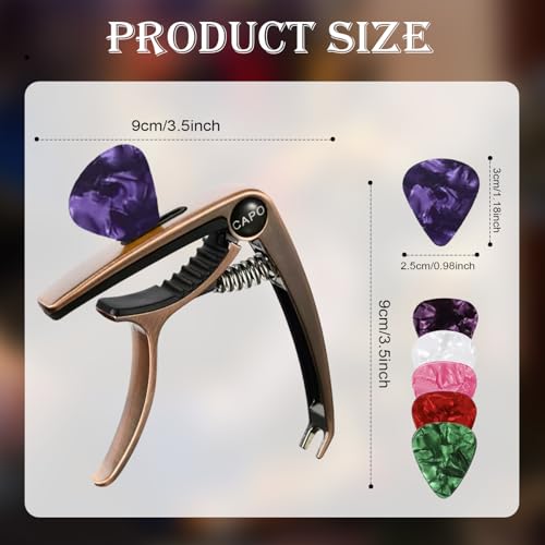 Image of TecoKart Guitar Capo with 5Pcs Picks, 3 in 1 Zinc Alloy Capo for Ukulele, Acoustic and Electric Guitars, Guitar Accessories for Clear Sound and Fret Protection
