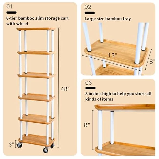 Beyeutao 6 Tier Slim Storage Cart with Wheels Rolling Cart for Kitchen Storage Bamboo Tray and Metal Frame Utility Cart for Kitchen, Laundry Room, Bathroom, Livingroom-fXyHkJbU