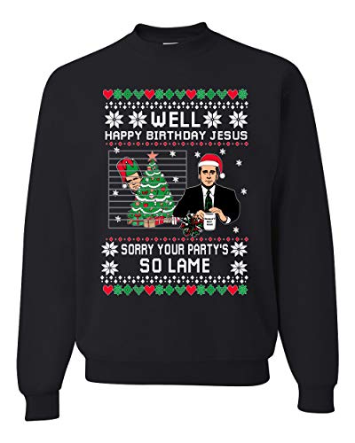 Well Happy Birthday Jesus Funny Quote Office | Unisex Ugly Christmas Sweater Crewneck Sweatshirt, Black, Medium