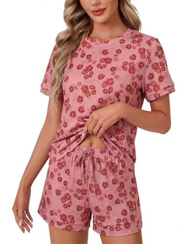 Image of LYANER Pajama Set for Women 2 Piece Lounge Set Striped Crew neck Short Sleeve Tops and Shorts Soft Sleepwear