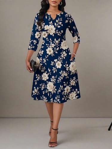 Image of PinkPatty Women's Casual 3 /4 Sleeve Midi Dresses Fit and Flare Church Work Dress with Pockets