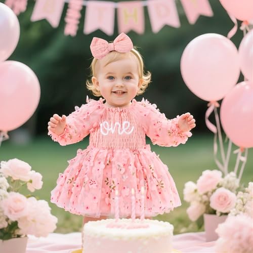 UNICOMIDEA Baby Girl 1st Birthday Outfit One Year Old Birthday Clothes Toddler Long Sleeve Tulle Romper Dress2