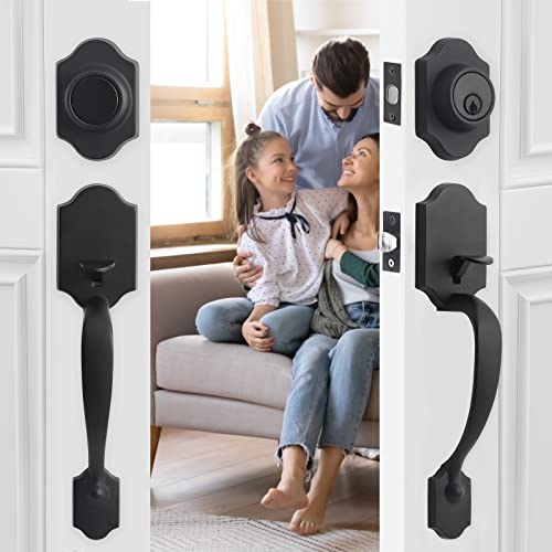 Natsukage Front Door Handle Set Heavy Duty Double Door Lock Set Matte Black Double Door Handle Sets With Dummy, With Single Cylinder Deadbolt And Door Lever, Reversible For Right & Left Handed Doors #TOP6
