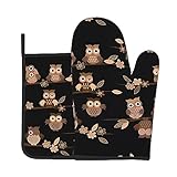 Ofenhandschuhe hitzebeständig: Niedliche braune Cartoon-Eulen-Ofenhandschuhe Set bis zu 180 °C (356 °F) Dual Eco Küchenhandschuhe bieten extreme Hitzebeständigkeit, so dass sie Sie effektiv vor Verbrennungen schützen können, während Sie Kochen und Grillen genießen.